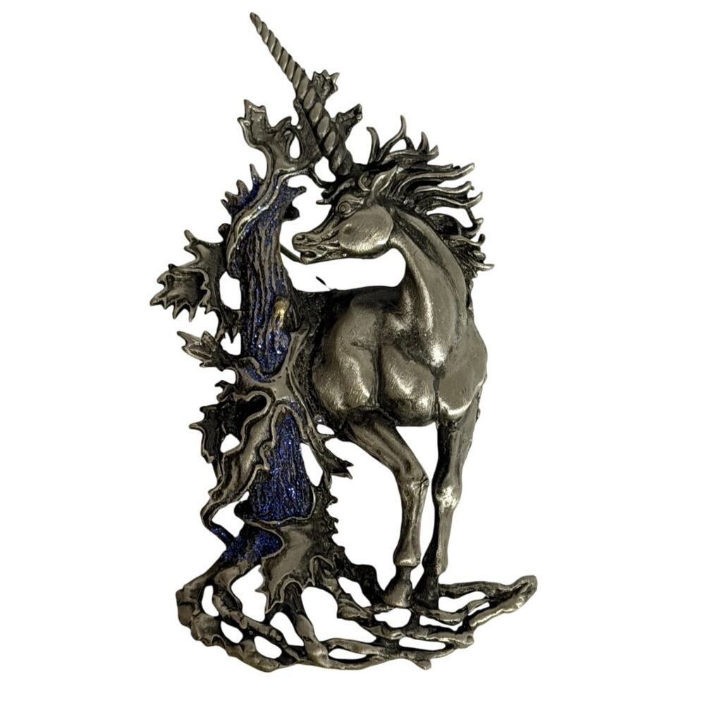 JJ Vintage Unicorn Pewter Brooch Blue Enamel Fantasy Statement Pin - Picture 2 of 11